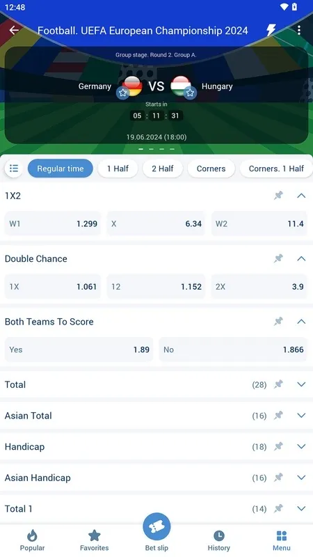 أسواق المباراة: 1X2، فرصة مزدوجة، BTTS