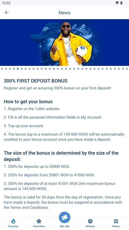 صفحة المكافأة داخل تطبيق 1xBet: 200% على الإيداع الأول